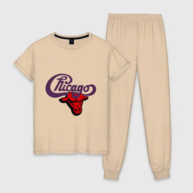 Женская пижама хлопок с принтом Чикаго Булс Chicago bulls в Курске, 100% хлопок | брюки и футболка прямого кроя, без карманов, на брюках мягкая резинка на поясе и по низу штанин | chicago bulls | swag | бык | чикаго булс
