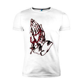 Мужская футболка премиум с принтом Тату  Молись  - модный дизайн в Курске, 92% хлопок, 8% лайкра | приталенный силуэт, круглый вырез ворота, длина до линии бедра, короткий рукав | 