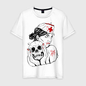 Мужская футболка хлопок с принтом Тату медсестра в Курске, 100% хлопок | прямой крой, круглый вырез горловины, длина до линии бедер, слегка спущенное плечо. | кровь | медсестра | тату | тату медсестра | череп