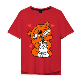 Мужская футболка хлопок Oversize с принтом Мишка с зайкой в Курске, 100% хлопок | свободный крой, круглый ворот, “спинка” длиннее передней части | зайкой | заяц | кролик | любовь | медведь | мишка