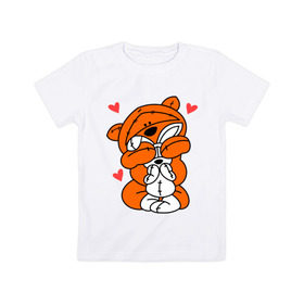 Детская футболка хлопок с принтом Мишка с зайкой в Курске, 100% хлопок | круглый вырез горловины, полуприлегающий силуэт, длина до линии бедер | зайкой | заяц | кролик | любовь | медведь | мишка