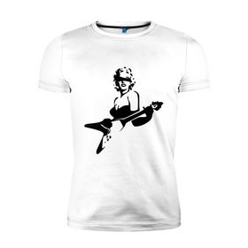 Мужская футболка премиум с принтом Мэрилин Монро с гитарой в Курске, 92% хлопок, 8% лайкра | приталенный силуэт, круглый вырез ворота, длина до линии бедра, короткий рукав | Тематика изображения на принте: гитара