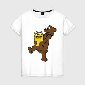 Женская футболка хлопок с принтом Медведь с медом в Курске, 100% хлопок | прямой крой, круглый вырез горловины, длина до линии бедер, слегка спущенное плечо | животные | медведь с медом медведь мед | сладкое