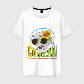 Мужская футболка хлопок с принтом Go vegan (zombie) в Курске, 100% хлопок | прямой крой, круглый вырез горловины, длина до линии бедер, слегка спущенное плечо. | Тематика изображения на принте: plants vs zombie | веган