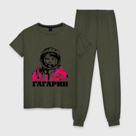 Женская пижама хлопок с принтом Гагарин в Курске, 100% хлопок | брюки и футболка прямого кроя, без карманов, на брюках мягкая резинка на поясе и по низу штанин | 