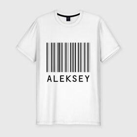 Мужская футболка премиум с принтом Алексей (штрихкод) в Курске, 92% хлопок, 8% лайкра | приталенный силуэт, круглый вырез ворота, длина до линии бедра, короткий рукав | Тематика изображения на принте: 