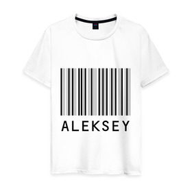 Мужская футболка хлопок с принтом Алексей (штрихкод) в Курске, 100% хлопок | прямой крой, круглый вырез горловины, длина до линии бедер, слегка спущенное плечо. | Тематика изображения на принте: 