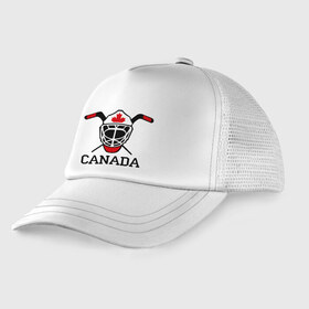 Детская кепка тракер с принтом Canada (Канадский хоккей) в Курске, Козырек - 100% хлопок. Кепка - 100% полиэстер, Задняя часть - сетка | универсальный размер, пластиковая застёжка | Тематика изображения на принте: canada | канадский | клюшка | спорт | хоккей | шайба