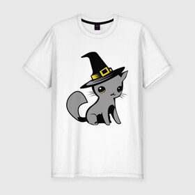 Мужская футболка премиум с принтом Кошка в шляпе в Курске, 92% хлопок, 8% лайкра | приталенный силуэт, круглый вырез ворота, длина до линии бедра, короткий рукав | ведьма | киска | кошка в шляпе | кошки | мурка | прикольные картинки