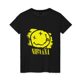 Женская футболка хлопок с принтом смайл NIRVANA в Курске, 100% хлопок | прямой крой, круглый вырез горловины, длина до линии бедер, слегка спущенное плечо | kurt cobain | nirvana | rock | курт кобейн | нирвана | рожица | рок | смайл | смайлик | улыбка