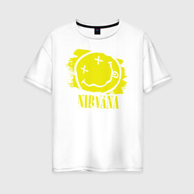 Женская футболка хлопок Oversize с принтом смайл NIRVANA в Курске, 100% хлопок | свободный крой, круглый ворот, спущенный рукав, длина до линии бедер
 | kurt cobain | nirvana | rock | курт кобейн | нирвана | рожица | рок | смайл | смайлик | улыбка