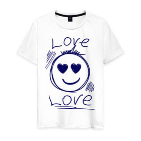 Мужская футболка хлопок с принтом Смайл Love в Курске, 100% хлопок | прямой крой, круглый вырез горловины, длина до линии бедер, слегка спущенное плечо. | 