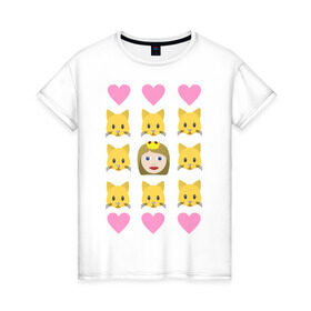 Женская футболка хлопок с принтом Кошатница в Курске, 100% хлопок | прямой крой, круглый вырез горловины, длина до линии бедер, слегка спущенное плечо | emojin | happy family | котики | коты | кошатница | смайлы | эмоджин