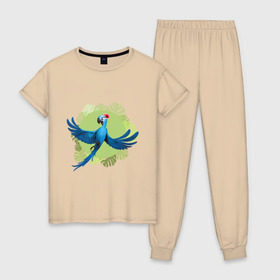 Женская пижама хлопок с принтом Жемчужинка в Курске, 100% хлопок | брюки и футболка прямого кроя, без карманов, на брюках мягкая резинка на поясе и по низу штанин | Тематика изображения на принте: ара | жемчужинка | мультик | мяльтяшки | птица | рио | рио 2 | синий попугай