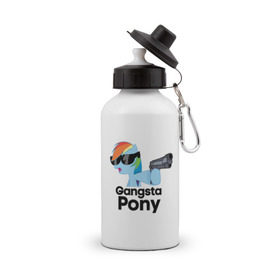 Бутылка спортивная с принтом Gangsta pony в Курске, металл | емкость — 500 мл, в комплекте две пластиковые крышки и карабин для крепления | Тематика изображения на принте: gangsta pony | my little pony | pony | брони | ганста пони | оружие | очки | пистолет | пони
