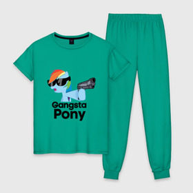 Женская пижама хлопок с принтом Gangsta pony в Курске, 100% хлопок | брюки и футболка прямого кроя, без карманов, на брюках мягкая резинка на поясе и по низу штанин | gangsta pony | my little pony | pony | брони | ганста пони | оружие | очки | пистолет | пони
