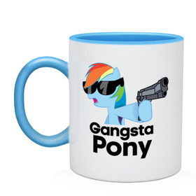 Кружка двухцветная с принтом Gangsta pony в Курске, керамика | объем — 330 мл, диаметр — 80 мм. Цветная ручка и кайма сверху, в некоторых цветах — вся внутренняя часть | Тематика изображения на принте: gangsta pony | my little pony | pony | брони | ганста пони | оружие | очки | пистолет | пони