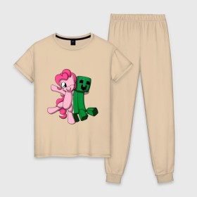 Женская пижама хлопок с принтом Пони мinecraft в Курске, 100% хлопок | брюки и футболка прямого кроя, без карманов, на брюках мягкая резинка на поясе и по низу штанин | 