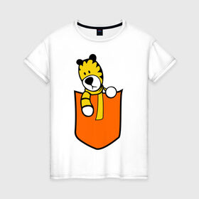 Женская футболка хлопок с принтом Тигра в кармане в Курске, 100% хлопок | прямой крой, круглый вырез горловины, длина до линии бедер, слегка спущенное плечо | животные | карман | полоски | тигр | тигра в кармане | шарф
