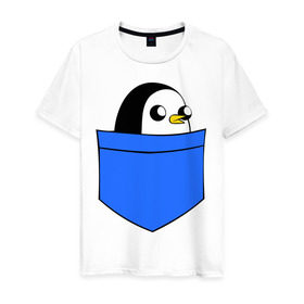 Мужская футболка хлопок с принтом Пингвин в кармане в Курске, 100% хлопок | прямой крой, круглый вырез горловины, длина до линии бедер, слегка спущенное плечо. | пингвин