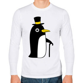 Мужской лонгслив хлопок с принтом Пингвин в шляпе в Курске, 100% хлопок |  | животные | лед | пингвин в шляпе | трость.снег | шляпа