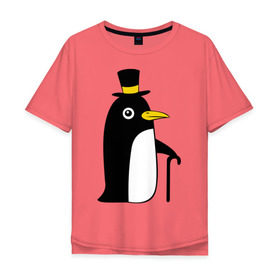 Мужская футболка хлопок Oversize с принтом Пингвин в шляпе в Курске, 100% хлопок | свободный крой, круглый ворот, “спинка” длиннее передней части | Тематика изображения на принте: животные | лед | пингвин в шляпе | трость.снег | шляпа