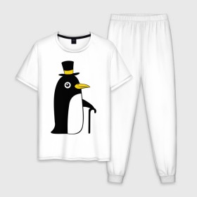 Мужская пижама хлопок с принтом Пингвин в шляпе в Курске, 100% хлопок | брюки и футболка прямого кроя, без карманов, на брюках мягкая резинка на поясе и по низу штанин
 | животные | лед | пингвин в шляпе | трость.снег | шляпа