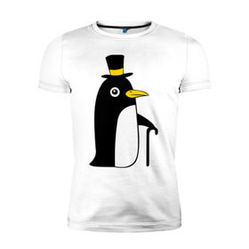 Мужская футболка премиум с принтом Пингвин в шляпе в Курске, 92% хлопок, 8% лайкра | приталенный силуэт, круглый вырез ворота, длина до линии бедра, короткий рукав | животные | лед | пингвин в шляпе | трость.снег | шляпа