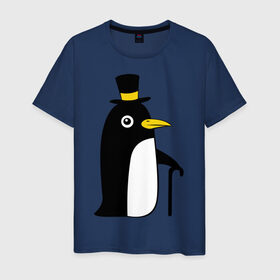 Мужская футболка хлопок с принтом Пингвин в шляпе в Курске, 100% хлопок | прямой крой, круглый вырез горловины, длина до линии бедер, слегка спущенное плечо. | Тематика изображения на принте: животные | лед | пингвин в шляпе | трость.снег | шляпа