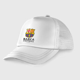 Детская кепка тракер с принтом Barcelona FC в Курске, Козырек - 100% хлопок. Кепка - 100% полиэстер, Задняя часть - сетка | универсальный размер, пластиковая застёжка | barcelona | fc | fc barcelona | footbal club | барселона | лого | логотип | спорт | футбол | футбольный клуб