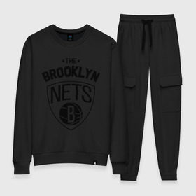 Женский костюм хлопок с принтом The Brooklyn Nets в Курске, 100% хлопок | на свитшоте круглая горловина, мягкая резинка по низу. Брюки заужены к низу, на них два вида карманов: два 