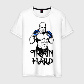 Мужская футболка хлопок с принтом Train hard (тренируйся усердно) в Курске, 100% хлопок | прямой крой, круглый вырез горловины, длина до линии бедер, слегка спущенное плечо. | 