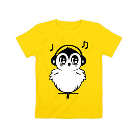 Детская футболка хлопок с принтом Птичка в наушниках в Курске, 100% хлопок | круглый вырез горловины, полуприлегающий силуэт, длина до линии бедер | воробей | мелодия | меломан | музыка | наушники | ноты | птица | птичка