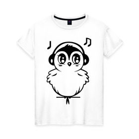 Женская футболка хлопок с принтом Птичка в наушниках в Курске, 100% хлопок | прямой крой, круглый вырез горловины, длина до линии бедер, слегка спущенное плечо | воробей | мелодия | меломан | музыка | наушники | ноты | птица | птичка