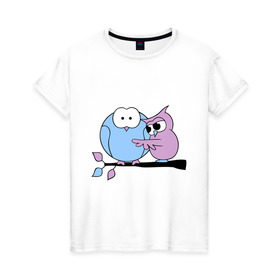 Женская футболка хлопок с принтом Птички на веточке в Курске, 100% хлопок | прямой крой, круглый вырез горловины, длина до линии бедер, слегка спущенное плечо | сова