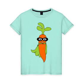 Женская футболка хлопок с принтом Супер-морковь в Курске, 100% хлопок | прямой крой, круглый вырез горловины, длина до линии бедер, слегка спущенное плечо | супергерой