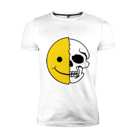 Мужская футболка премиум с принтом Смайлик-черепок в Курске, 92% хлопок, 8% лайкра | приталенный силуэт, круглый вырез ворота, длина до линии бедра, короткий рукав | скелет