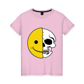 Женская футболка хлопок с принтом Смайлик-черепок в Курске, 100% хлопок | прямой крой, круглый вырез горловины, длина до линии бедер, слегка спущенное плечо | скелет