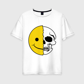 Женская футболка хлопок Oversize с принтом Смайлик-черепок в Курске, 100% хлопок | свободный крой, круглый ворот, спущенный рукав, длина до линии бедер
 | скелет