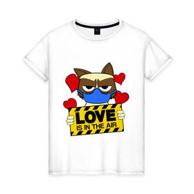 Женская футболка хлопок с принтом Любовь в воздухе в Курске, 100% хлопок | прямой крой, круглый вырез горловины, длина до линии бедер, слегка спущенное плечо | air | cat | grumpy | love | воздух | кот | любовь | недовольный | повязка | респиратор | хмурый
