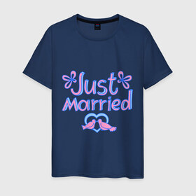 Мужская футболка хлопок с принтом Just married blue в Курске, 100% хлопок | прямой крой, круглый вырез горловины, длина до линии бедер, слегка спущенное плечо. | just married | брак | голубки | жених | кольца | молодожены | невеста | свадьба | супруги