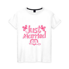 Женская футболка хлопок с принтом Just married pink в Курске, 100% хлопок | прямой крой, круглый вырез горловины, длина до линии бедер, слегка спущенное плечо | just married | брак | голубки | жених | кольца | молодожены | невеста | свадьба | супруги