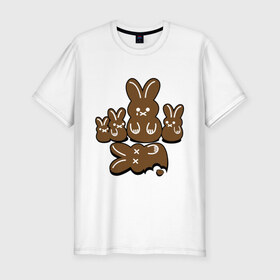 Мужская футболка премиум с принтом Шоколадные кролики в Курске, 92% хлопок, 8% лайкра | приталенный силуэт, круглый вырез ворота, длина до линии бедра, короткий рукав | chocolate | death | rabbit | еда | зайцы | заяц | зверь | кролик | шоколад