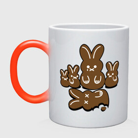 Кружка хамелеон с принтом Шоколадные кролики в Курске, керамика | меняет цвет при нагревании, емкость 330 мл | Тематика изображения на принте: chocolate | death | rabbit | еда | зайцы | заяц | зверь | кролик | шоколад