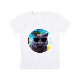 Детская футболка хлопок с принтом Котэ на пляже в Курске, 100% хлопок | круглый вырез горловины, полуприлегающий силуэт, длина до линии бедер | кот | котэ | лето | мем | очки | пальма | пляж | солнце