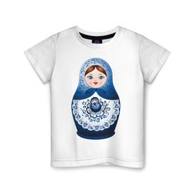 Детская футболка хлопок с принтом Матрешка Гжель в Курске, 100% хлопок | круглый вырез горловины, полуприлегающий силуэт, длина до линии бедер | русь