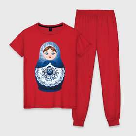 Женская пижама хлопок с принтом Матрешка Гжель в Курске, 100% хлопок | брюки и футболка прямого кроя, без карманов, на брюках мягкая резинка на поясе и по низу штанин | русь