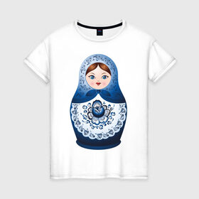 Женская футболка хлопок с принтом Матрешка Гжель в Курске, 100% хлопок | прямой крой, круглый вырез горловины, длина до линии бедер, слегка спущенное плечо | русь