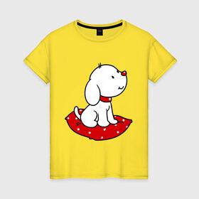 Женская футболка хлопок с принтом Собачка на подушке в Курске, 100% хлопок | прямой крой, круглый вырез горловины, длина до линии бедер, слегка спущенное плечо | милый | пес | подушка | собака | щенок