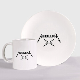 Набор: тарелка + кружка с принтом Metallica в Курске, керамика | Кружка: объем — 330 мл, диаметр — 80 мм. Принт наносится на бока кружки, можно сделать два разных изображения. 
Тарелка: диаметр - 210 мм, диаметр для нанесения принта - 120 мм. | металлика